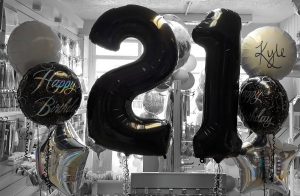 black 21st birthday number balloons and matching bunches - Tamworth