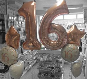 rose gold 16th birthday number balloons and matching bunches - Tamworth