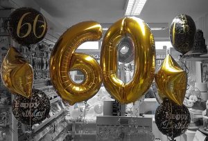 60th birthday gold number balloons and bunches - Tamworth