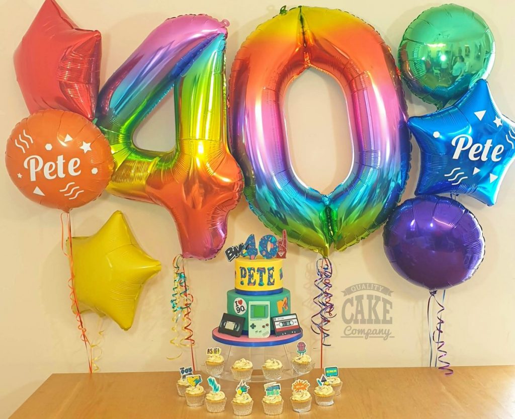 bright 40th birthday rainbow number balloons and matching bunches personalised 90s theme - Tamworth