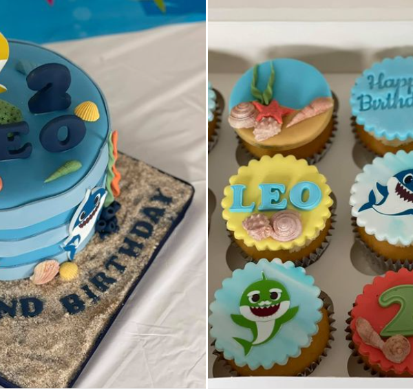 Baby shark 2nd birthday cake plus 12 cupcakes