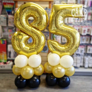 85th birthday black and gold short balloon columns - Tamworth