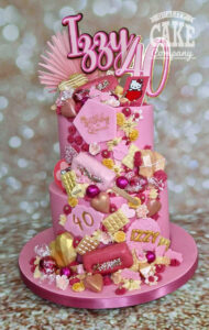 two tier cascade of treats pink and gold 40th birthday cake - tamworth