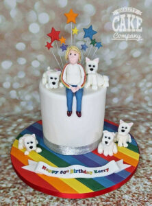 lady sitting on a cake with 5 westie models and rainbow theme details