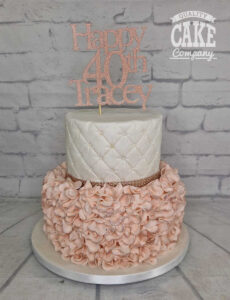 two tier shimmer and rose gold ruffle quilted birthday cake 40th birthday