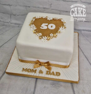 simple square golden anniversary floral heart cake - tamworth