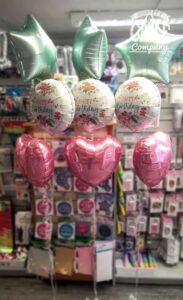 Bunches of 3 happy birthdayfoil balloons in pastel pink and mint green - tamworth