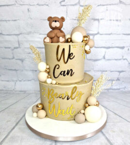 We can bearly wait taupe, gold and cream baby shower cake - tamworth
