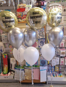 Personalised retirement balloon bunches gold and silver - Tamworth