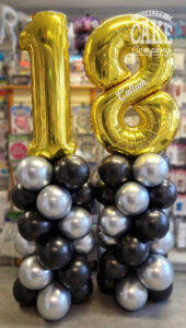 18th birthday black gold and silver tall balloon columns - Tamworth