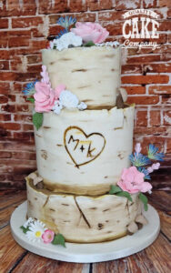 three tier silver birch rustic wedding cake - tamworth