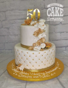 two tier golden anniversary floral quilted cake