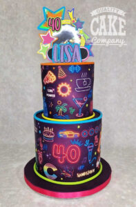 tall neon favourite things 40th birthday cake