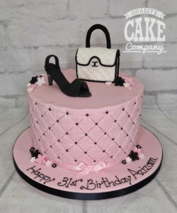 pink quilted cake with shoe and handbag - tamworth